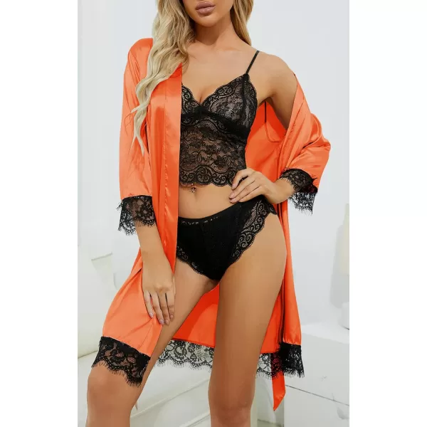 LYANER Women's 4pcs Sleepwear Satin Floral Lace Trim Cami Pajama Set with Robe