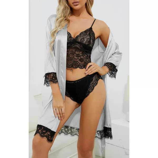 LYANER Women's 4pcs Sleepwear Satin Floral Lace Trim Cami Pajama Set with Robe