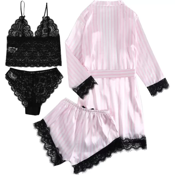 LYANER Women's 4pcs Sleepwear Satin Floral Lace Trim Cami Pajama Set with Robe