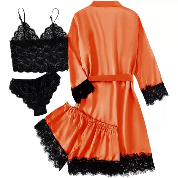 LYANER Women's 4pcs Sleepwear Satin Floral Lace Trim Cami Pajama Set with Robe