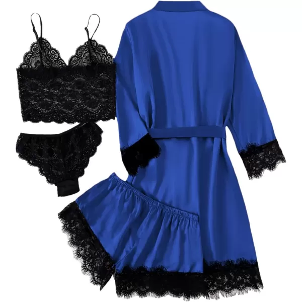 LYANER Women's 4pcs Sleepwear Satin Floral Lace Trim Cami Pajama Set with Robe
