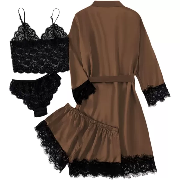 LYANER Women's 4pcs Sleepwear Satin Floral Lace Trim Cami Pajama Set with Robe