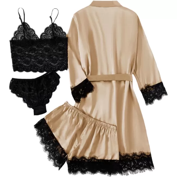 LYANER Women's 4pcs Sleepwear Satin Floral Lace Trim Cami Pajama Set with Robe