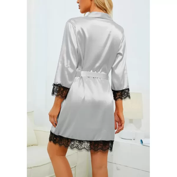 LYANER Women's 4pcs Sleepwear Satin Floral Lace Trim Cami Pajama Set with Robe