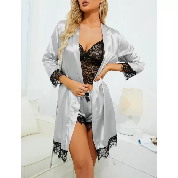 LYANER Women's 4pcs Sleepwear Satin Floral Lace Trim Cami Pajama Set with Robe