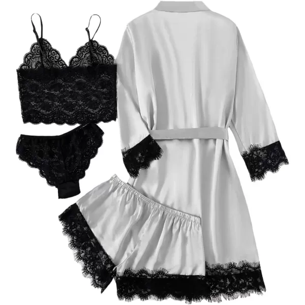 LYANER Women's 4pcs Sleepwear Satin Floral Lace Trim Cami Pajama Set with Robe