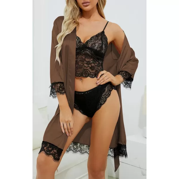 LYANER Women's 4pcs Sleepwear Satin Floral Lace Trim Cami Pajama Set with Robe