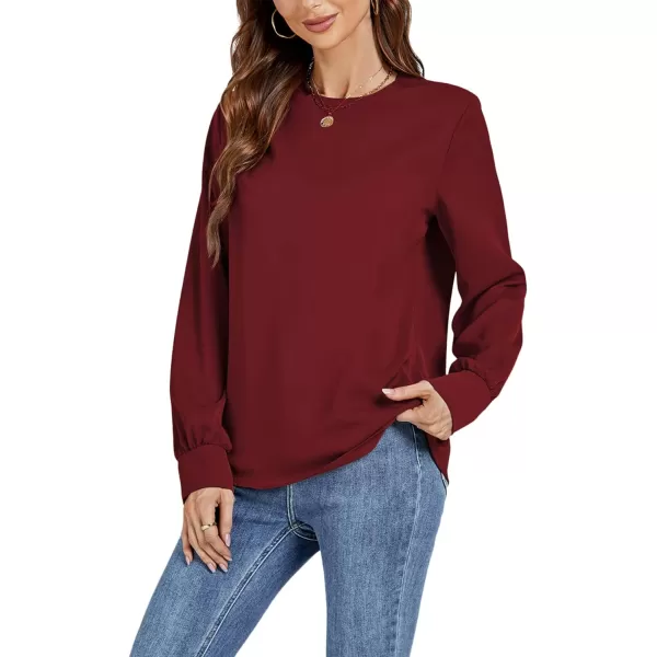 LYANER Women's Basic Causal Crew Neck Pleated Long Sleeve Blouse Work Shirt Top