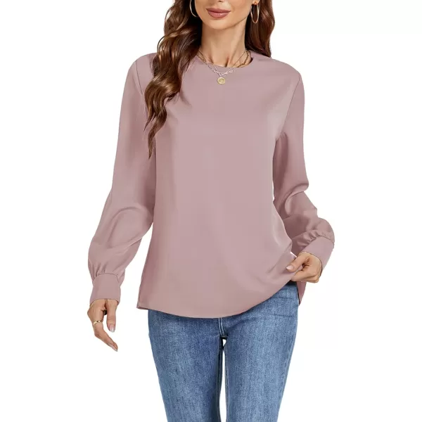 LYANER Women's Basic Causal Crew Neck Pleated Long Sleeve Blouse Work Shirt Top