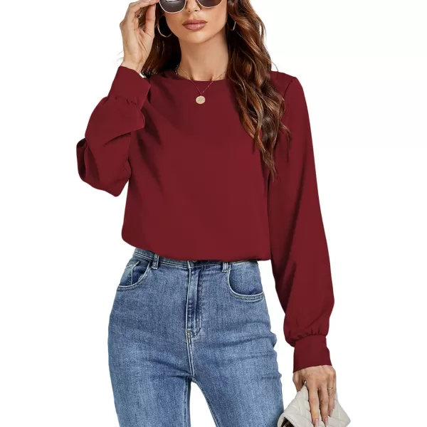 LYANER Women's Basic Causal Crew Neck Pleated Long Sleeve Blouse Work Shirt Top