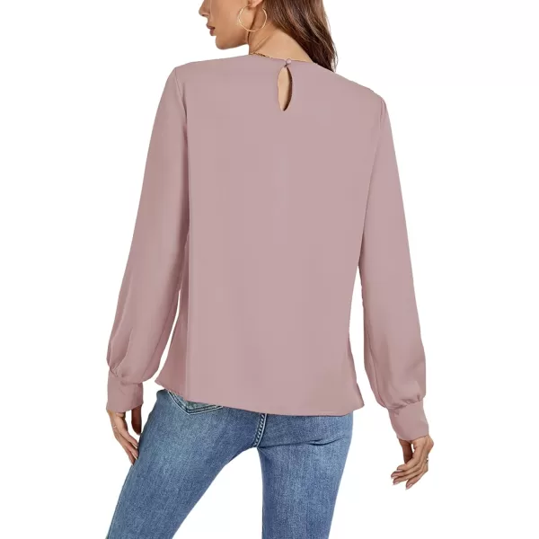 LYANER Women's Basic Causal Crew Neck Pleated Long Sleeve Blouse Work Shirt Top