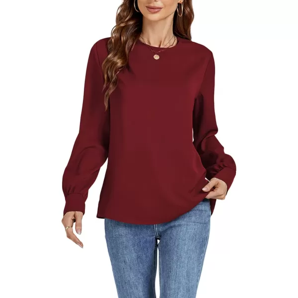 LYANER Women's Basic Causal Crew Neck Pleated Long Sleeve Blouse Work Shirt Top