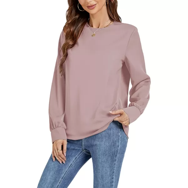 LYANER Women's Basic Causal Crew Neck Pleated Long Sleeve Blouse Work Shirt Top