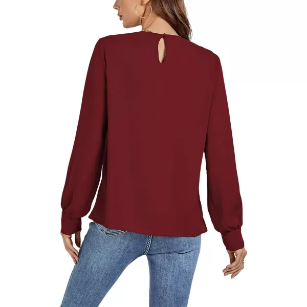 LYANER Women's Basic Causal Crew Neck Pleated Long Sleeve Blouse Work Shirt Top
