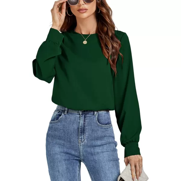 LYANER Women's Basic Causal Crew Neck Pleated Long Sleeve Blouse Work Shirt Top