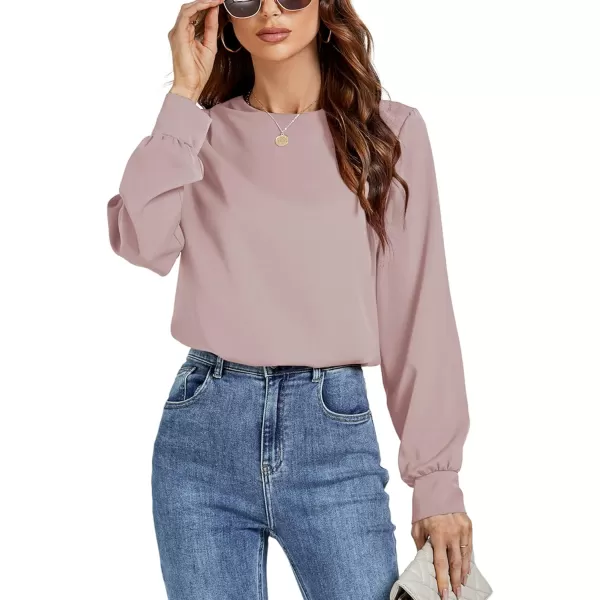 LYANER Women's Basic Causal Crew Neck Pleated Long Sleeve Blouse Work Shirt Top