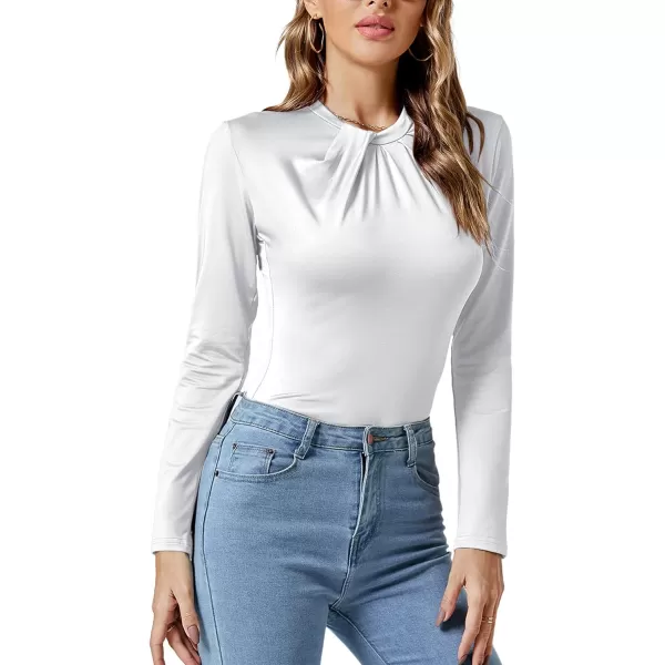 LYANER Women's Basic Smock Neck Pleated Long Sleeve Leotard Bodysuit Top