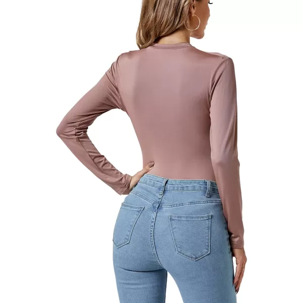 LYANER Women's Basic Smock Neck Pleated Long Sleeve Leotard Bodysuit Top