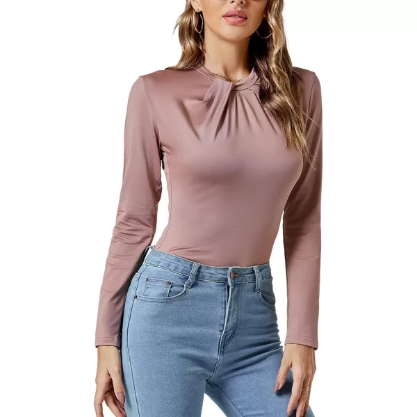 LYANER Women's Basic Smock Neck Pleated Long Sleeve Leotard Bodysuit Top