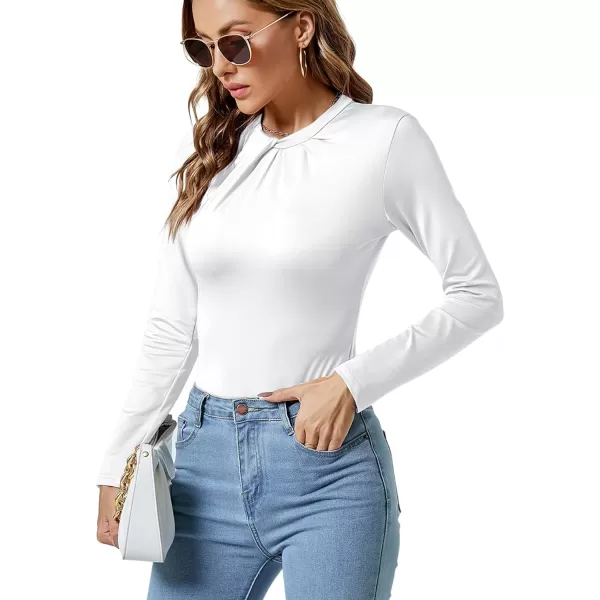 LYANER Women's Basic Smock Neck Pleated Long Sleeve Leotard Bodysuit Top