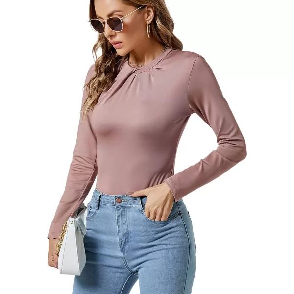 LYANER Women's Basic Smock Neck Pleated Long Sleeve Leotard Bodysuit Top
