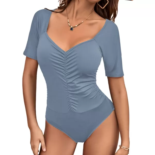 LYANER Women's Basic Sweetheart V Neck Ruched Fitted Short Sleeve Leotard Bodysuit Top