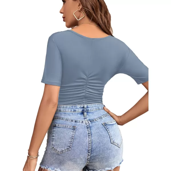 LYANER Women's Basic Sweetheart V Neck Ruched Fitted Short Sleeve Leotard Bodysuit Top
