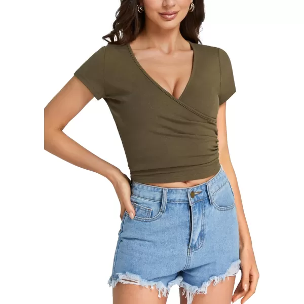 LYANER Women's Basic Wraped V Neck Ruched Short Sleeve Croped Tee Blouse Top