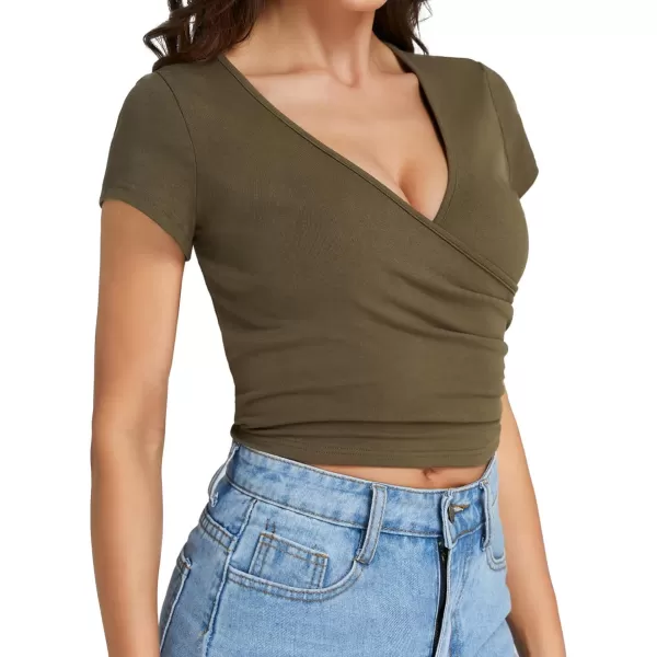 LYANER Women's Basic Wraped V Neck Ruched Short Sleeve Croped Tee Blouse Top