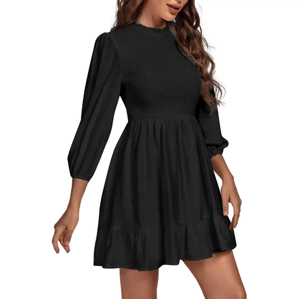 LYANER Women's Bishop Long Sleeve High Waist Mock Neck Smock Ruffle Hem A-line Short Mini Dress