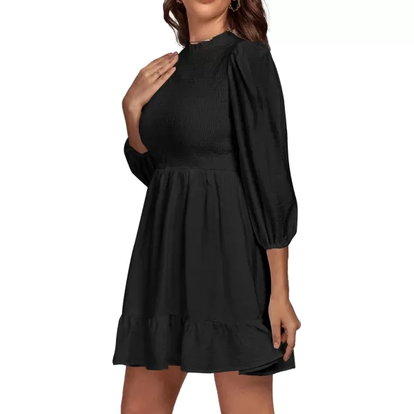 LYANER Women's Bishop Long Sleeve High Waist Mock Neck Smock Ruffle Hem A-line Short Mini Dress
