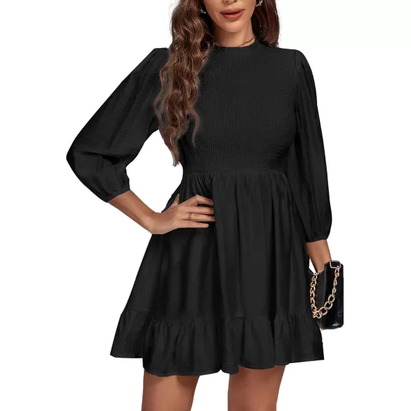 LYANER Women's Bishop Long Sleeve High Waist Mock Neck Smock Ruffle Hem A-line Short Mini Dress