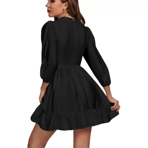 LYANER Women's Bishop Long Sleeve High Waist Mock Neck Smock Ruffle Hem A-line Short Mini Dress