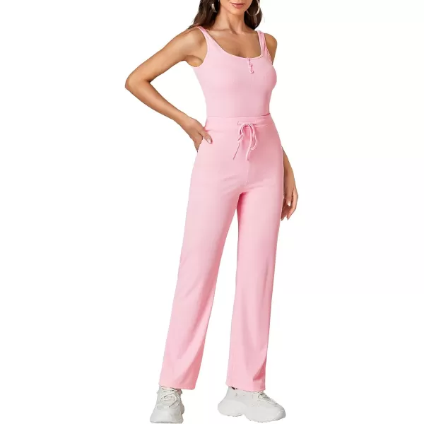 LYANER Women's Boat Neck Sleeveless 2 Piece Henley Tank Pants Outfits Knit Matching Set Wide Leg Pant Set