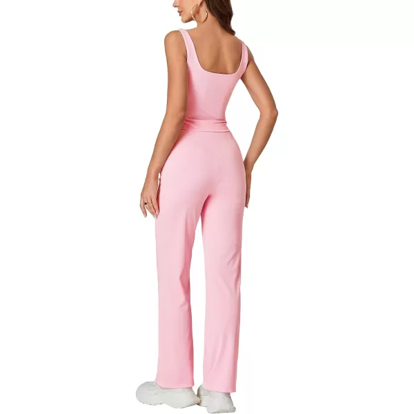 LYANER Women's Boat Neck Sleeveless 2 Piece Henley Tank Pants Outfits Knit Matching Set Wide Leg Pant Set