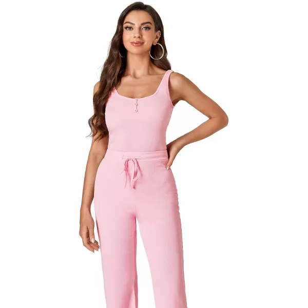 LYANER Women's Boat Neck Sleeveless 2 Piece Henley Tank Pants Outfits Knit Matching Set Wide Leg Pant Set