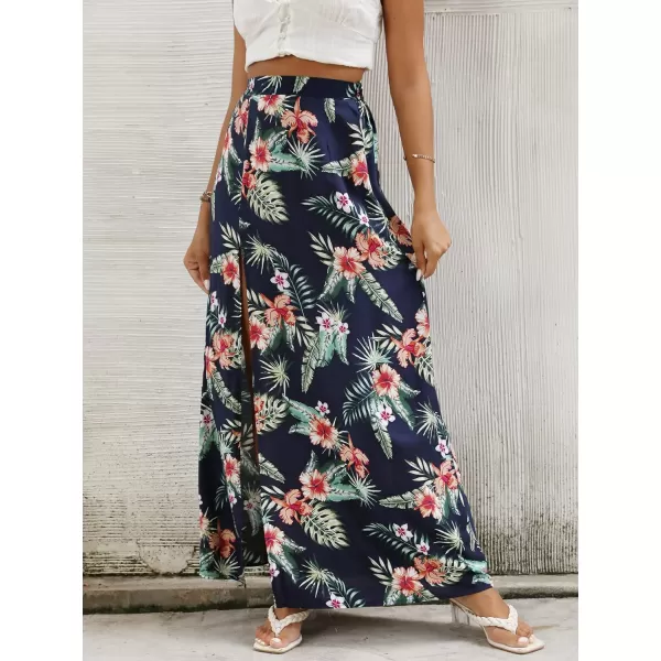 LYANER Women's Bohemian Floral Print High Waist Split Hem Slit Maxi Long Skirt