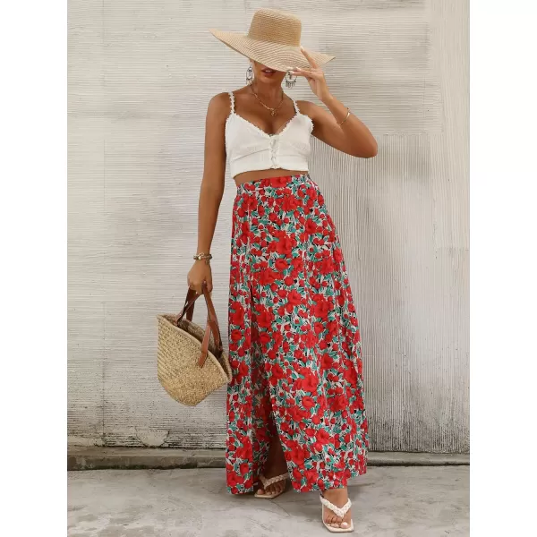 LYANER Women's Bohemian Floral Print High Waist Split Hem Slit Maxi Long Skirt