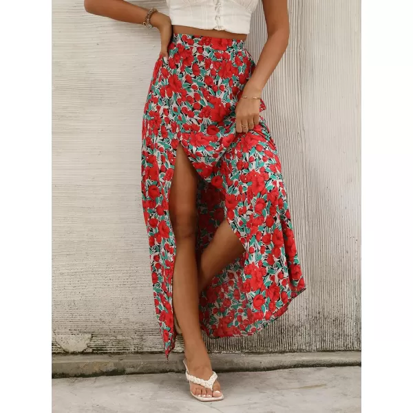 LYANER Women's Bohemian Floral Print High Waist Split Hem Slit Maxi Long Skirt