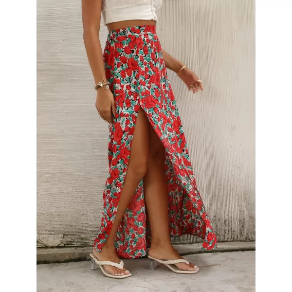 LYANER Women's Bohemian Floral Print High Waist Split Hem Slit Maxi Long Skirt