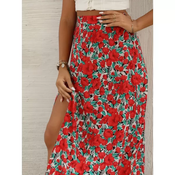 LYANER Women's Bohemian Floral Print High Waist Split Hem Slit Maxi Long Skirt
