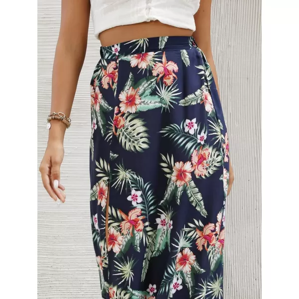LYANER Women's Bohemian Floral Print High Waist Split Hem Slit Maxi Long Skirt