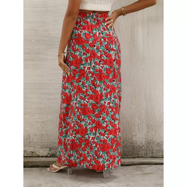 LYANER Women's Bohemian Floral Print High Waist Split Hem Slit Maxi Long Skirt