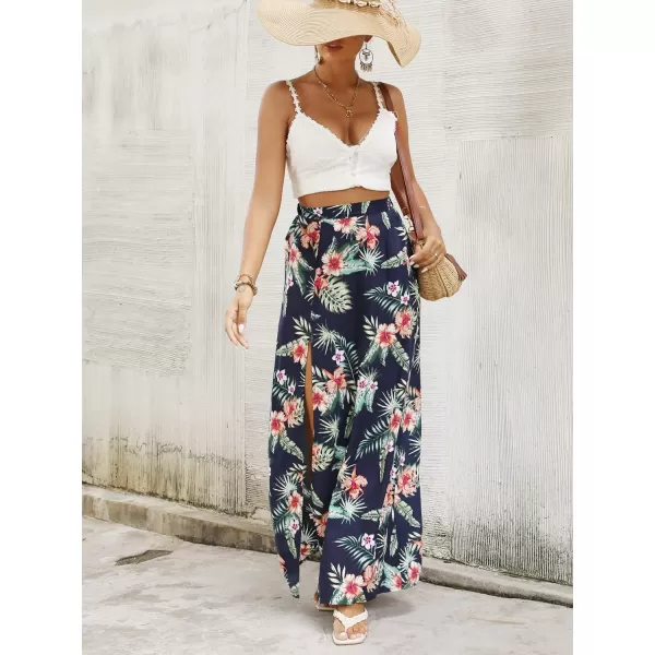 LYANER Women's Bohemian Floral Print High Waist Split Hem Slit Maxi Long Skirt