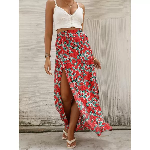 LYANER Women's Bohemian Floral Print High Waist Split Hem Slit Maxi Long Skirt