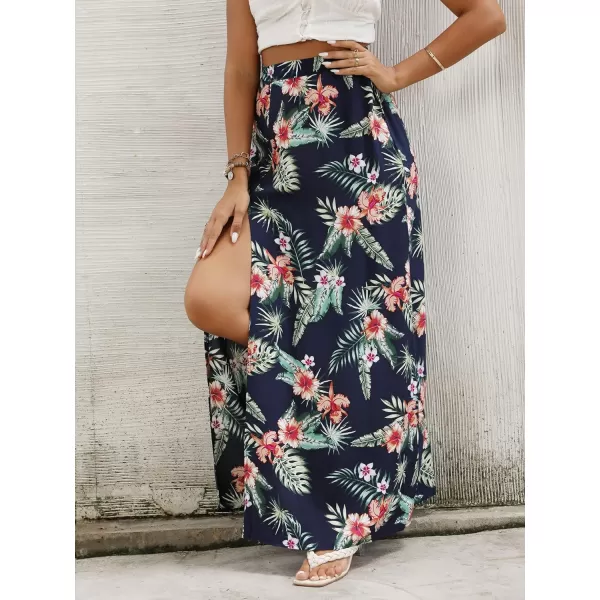 LYANER Women's Bohemian Floral Print High Waist Split Hem Slit Maxi Long Skirt