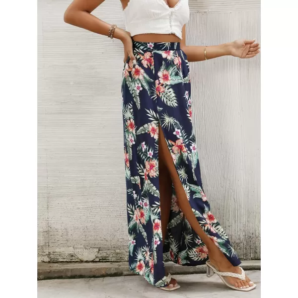 LYANER Women's Bohemian Floral Print High Waist Split Hem Slit Maxi Long Skirt
