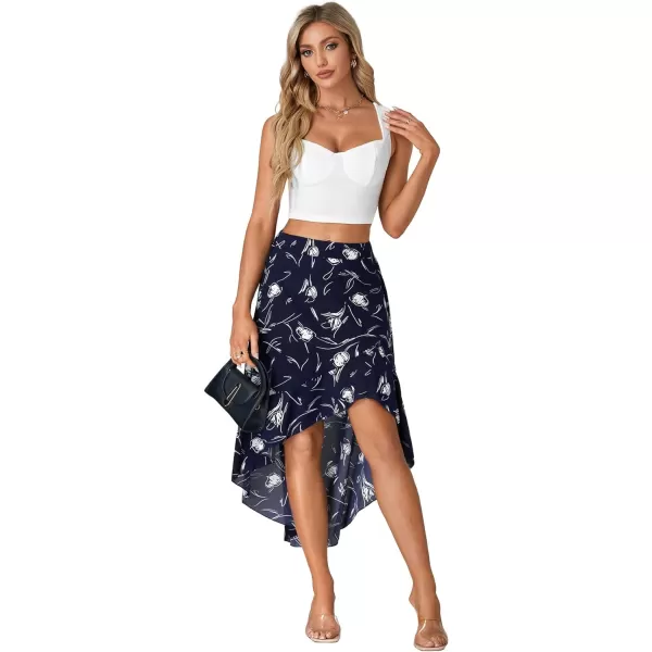 LYANER Women's Boho Floral Print Elastic High Waist Ruffle Hem A Line Flowy Midi Skirts
