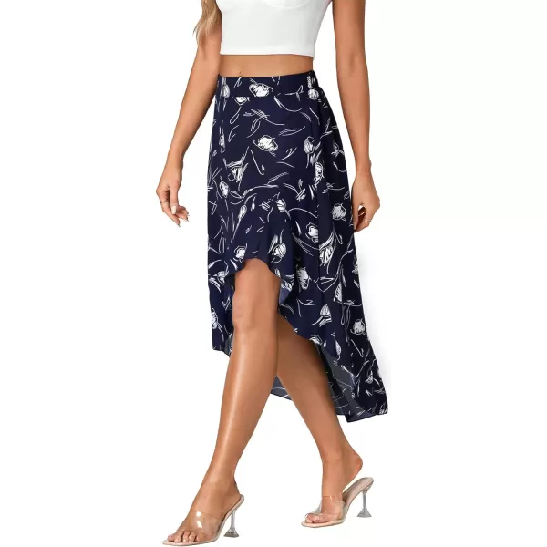 LYANER Women's Boho Floral Print Elastic High Waist Ruffle Hem A Line Flowy Midi Skirts