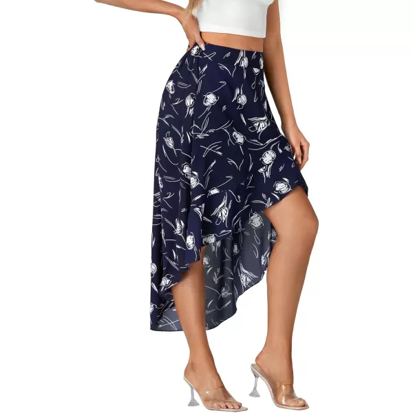 LYANER Women's Boho Floral Print Elastic High Waist Ruffle Hem A Line Flowy Midi Skirts